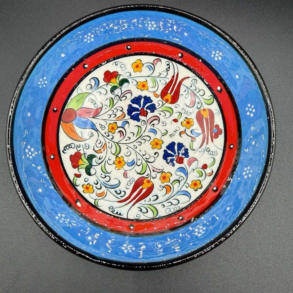 Destina Hand Made Turkish Pottery Bowl 4.5” Iznik Style Vibrant Floral Blue Red
